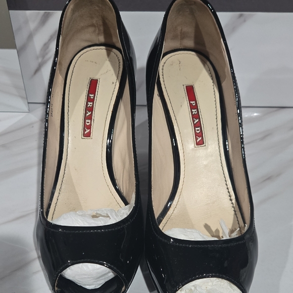 Prada Glossy Black Wedge Peep-Toe Shoes